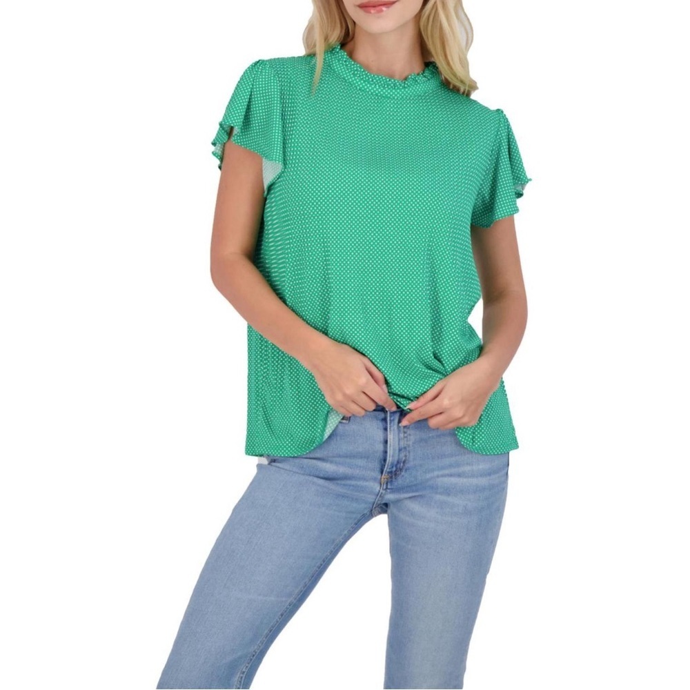 Adrianna Papell Green White Polka Dot Double Flutter Sleeve Pleated Knit Blouse